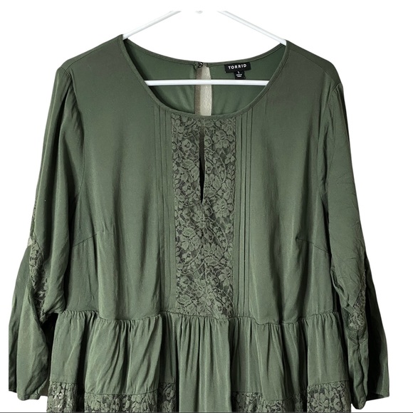 Torrid Lace Inset Challis Dress Women’s Plus 1X Olive Green - Picture 5 of 9
